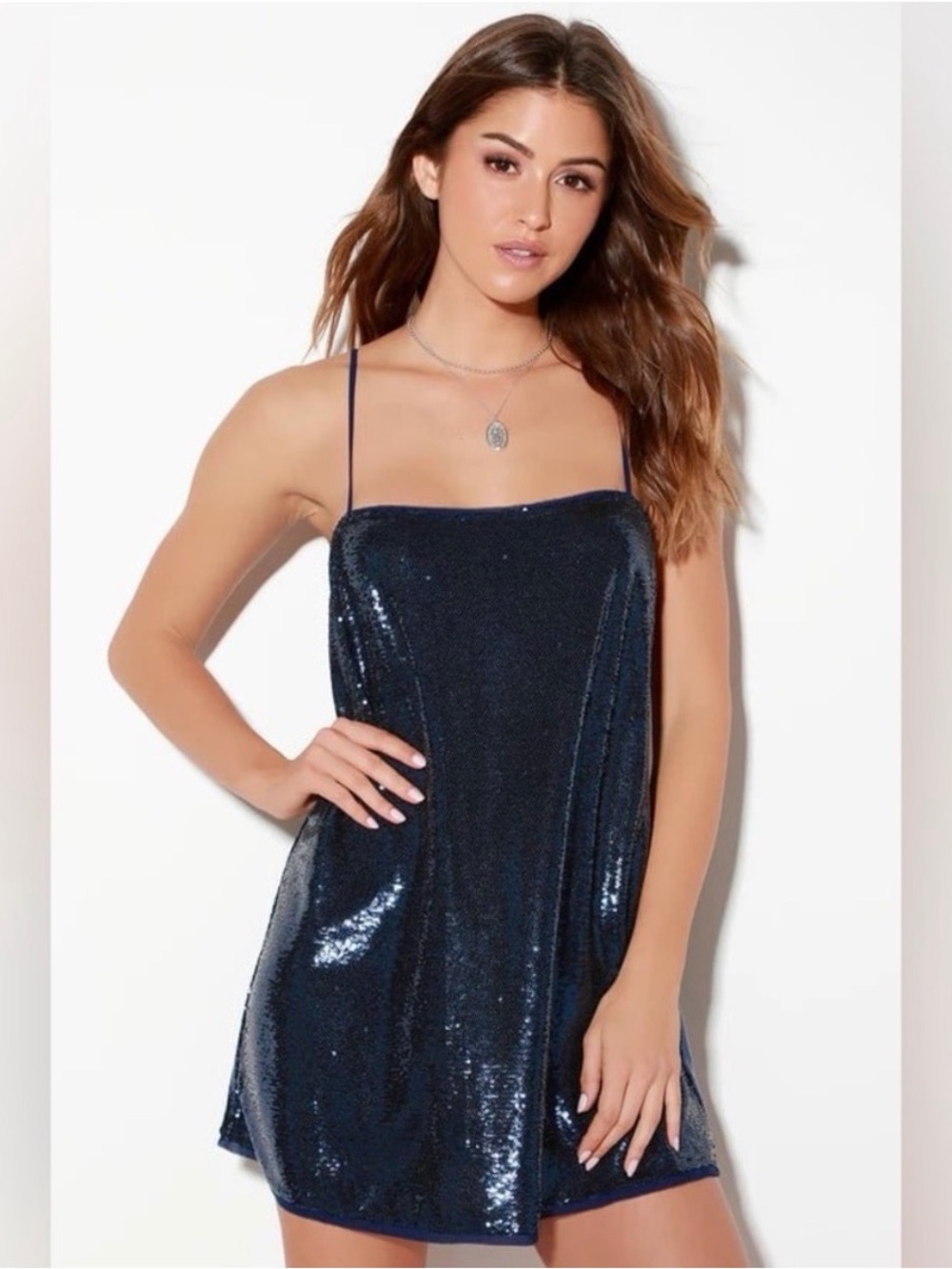Free People Time to Shine Navy Blue Sequin Slip Dress - Picture 2 of 4